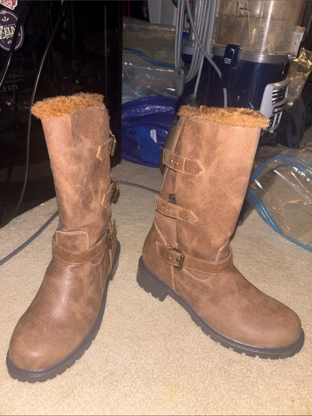 Maine Woods Brown Faux-Fur Trim Buckle Mid-Calf Boots